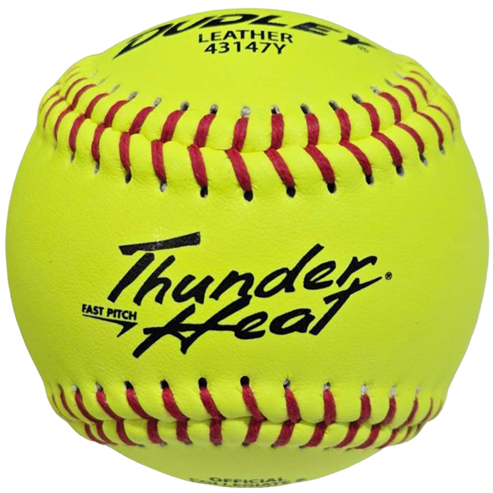 Yellow Dudley Leather 43147Y Thunder Heat Softball with Red Seams. 