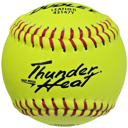 Yellow Dudley Leather 43147Y Thunder Heat Softball with Red Seams. 