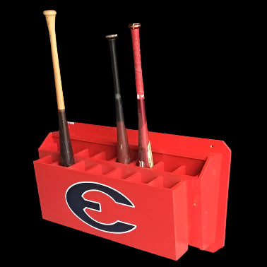 A red angled bat rack with multiple slots, holds 15 baseball bats
