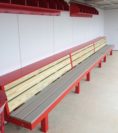 A red and beige Falcon dugout bench with two tiers, made of wood and Azek decking, with a solid pattern and no visible brand markings.