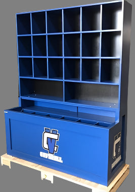 Helmet/Bat Combo is a one piece dugout storage unit. Arrives fully assembled and painted in your team color(s). Includes team logo.