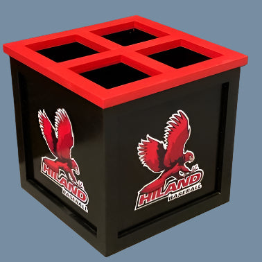 A black Grizzly Dugout Bat Storage box with red top and team logo 