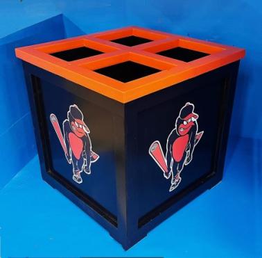 A black Grizzly Dugout Bat Storage box with orange lid and team logo featuring a bear-like figure in white and red on the sides.