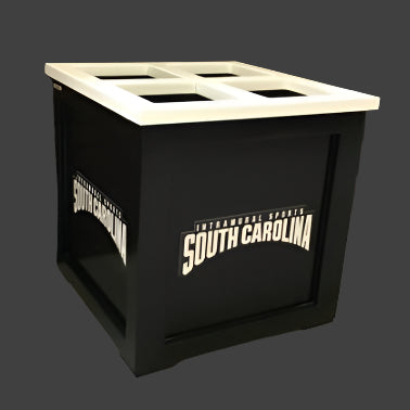 A black Grizzly Dugout Bat Storage box with white top and team logo