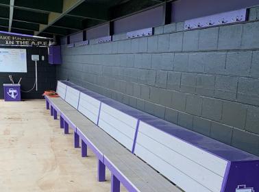 A purple dugout coat hook strip with multiple hooks, mounted on a wall inside an indoor sports facility.