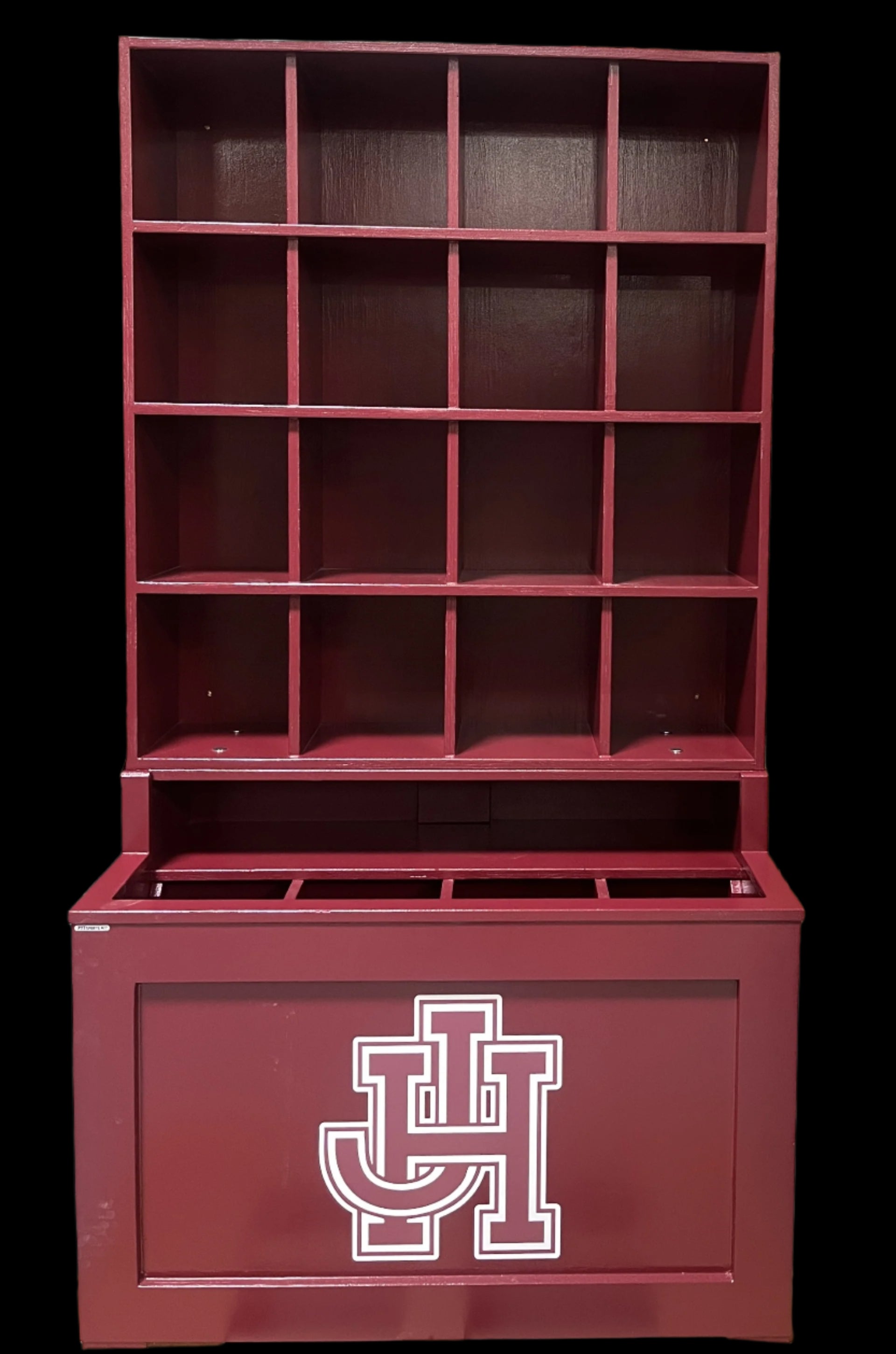 Maroon dugout storage unit with a logo on the front and side