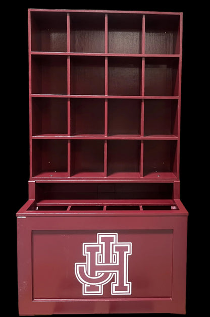 Maroon dugout storage unit with a logo on the front and side
