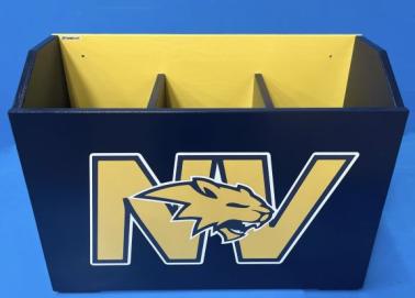 Navy and yellow Kodiak bat storage box with a team logo on the front.