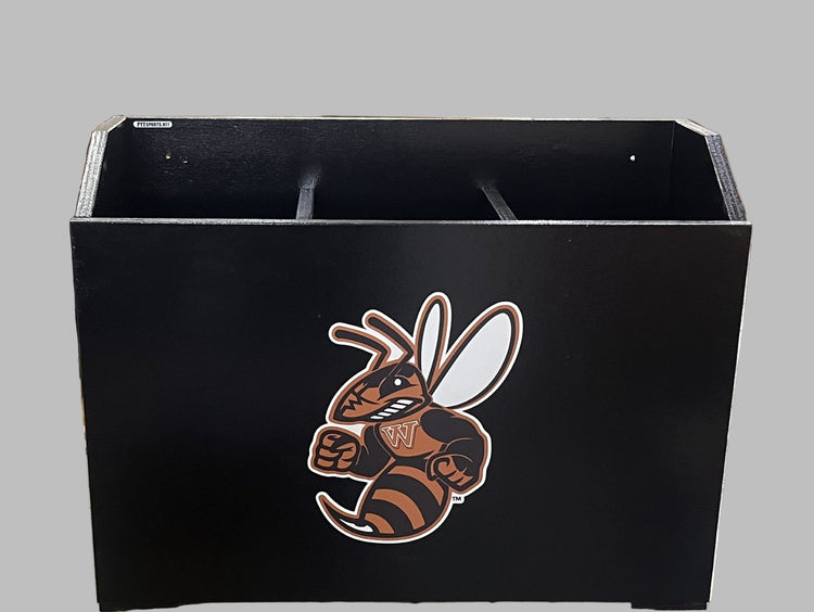 Black storage bin with a logo on it in an indoor setting

