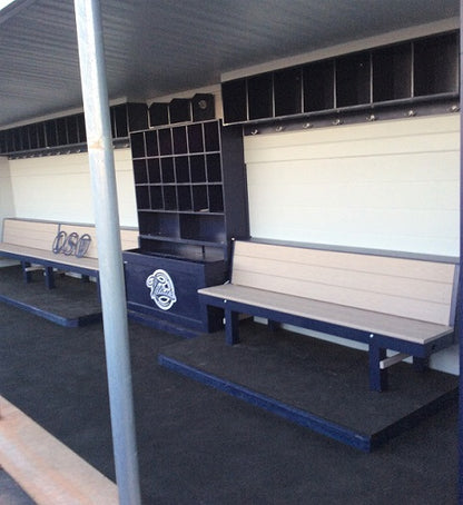 A Premier Dugout Storage Rack with multiple compartments, hooks for jackets and bags. 