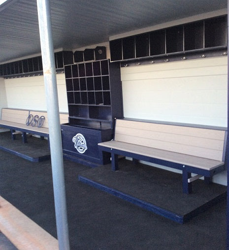 A Premier Dugout Storage Rack with multiple compartments, hooks for jackets and bags. 