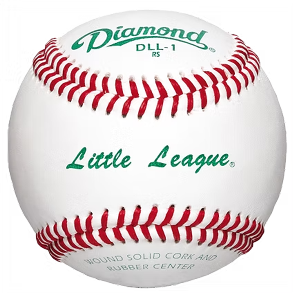 Baseball with red stitching featuring 'Diamond' and 'Little League' branding