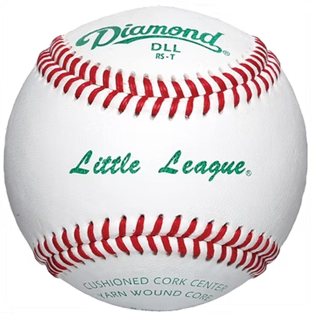 Diamond Little League Tournament Grade Baseball with red stitching and "Little League" green text. 