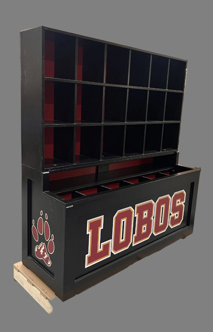 Black storage unit with 'LOBOS' branding on a wooden pallet in an indoor setting.