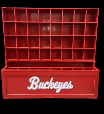 A red dugout helmet and bat storage unit with 'Buckeyes' printed on the front, featuring multiple compartments.