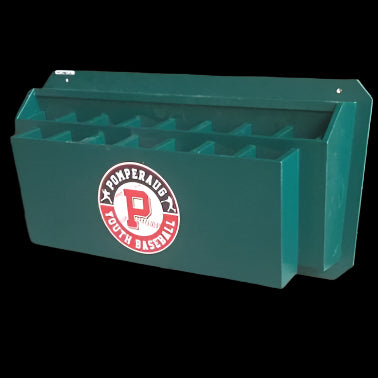 Angled 15 Bat Rack holds 15 bats at an angle away from the wall for use underneath existing helmet or player equipment racks. Add team logo at no added cost