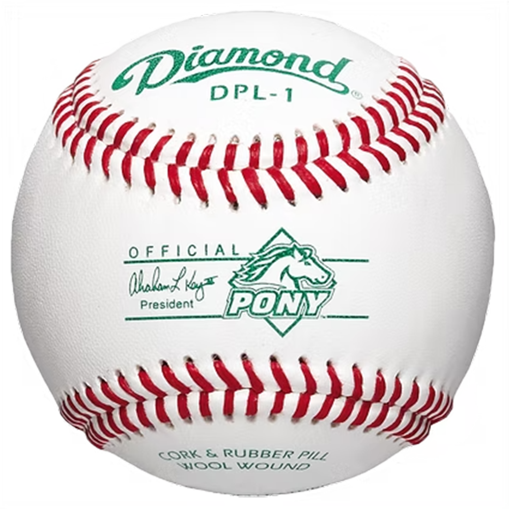 Baseball with red stitching featuring 'Diamond' and 'Pony' branding.