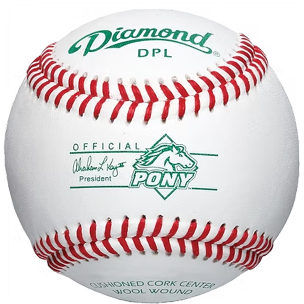 Baseball with red and white stitching on a white background, featuring the Diamond DPL and Pony logos.
