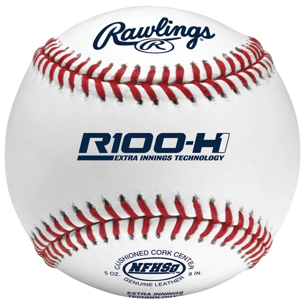 Baseball with Rawlings and R100-H1 Extra Innings Technology branding. 