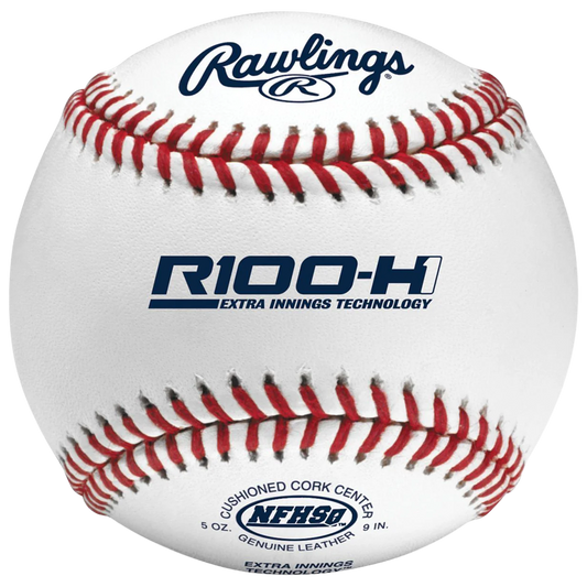 Baseball with Rawlings and R100-H1 Extra Innings Technology branding. 