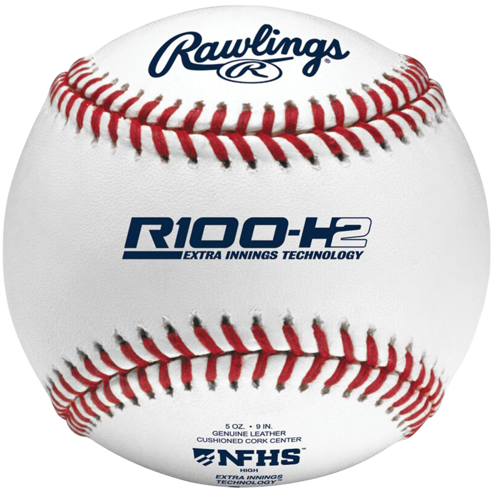 Baseball with Rawlings and R100-H2 Extra Innings Technology branding. 