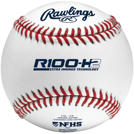 Baseball with Rawlings and R100-H2 Extra Innings Technology branding. 