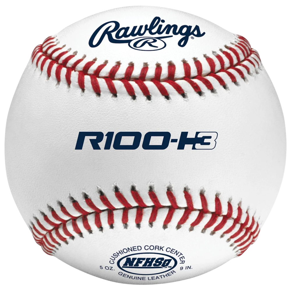 Baseball with Rawlings and R100-H3 branding with red seams. 