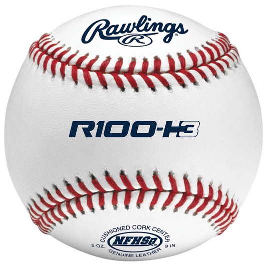 Baseball with Rawlings and R100-H3 branding with red seams. 