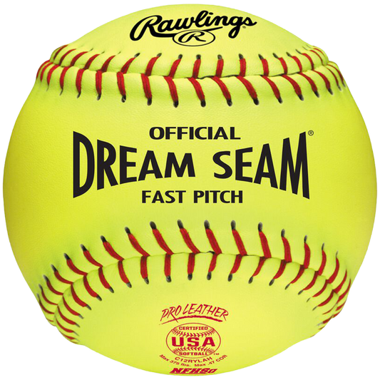 Yellow Rawlings Official Dream Seam Fast Pitch with red seams. 