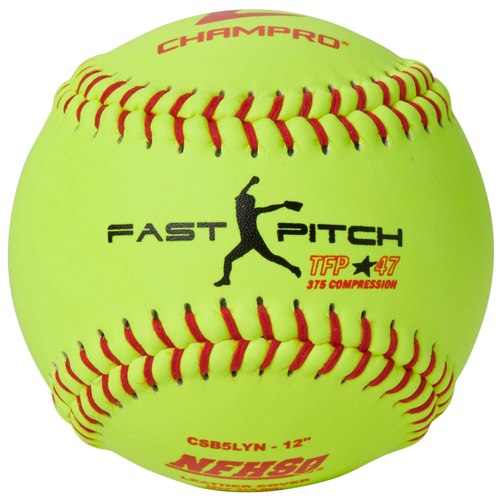 Yellow softball with red stitching on a white background, featuring Champro branding.