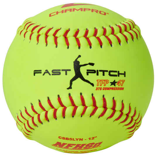 Yellow softball with red stitching on a white background, featuring Champro branding.