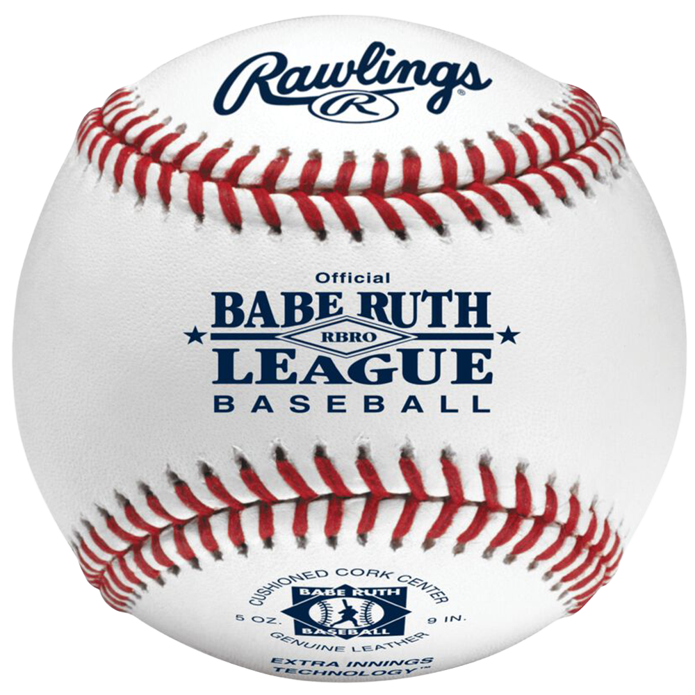 Rawlings Babe Ruth League baseball with red stitching on white leather. 