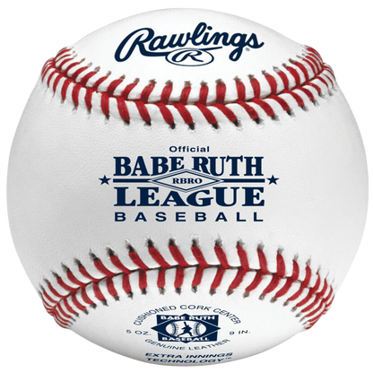 Rawlings Babe Ruth League baseball with red stitching on white leather. 