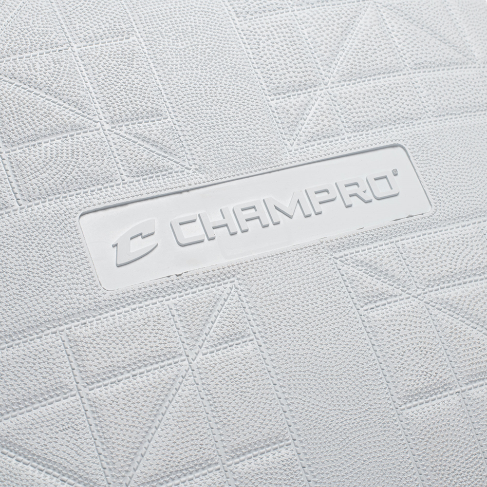 Close up of the Champro Molded Pro Style Base centered on the Champro logo showing white texture of the base