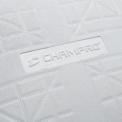 Close up of the Champro Molded Pro Style Base centered on the Champro logo showing white texture of the base