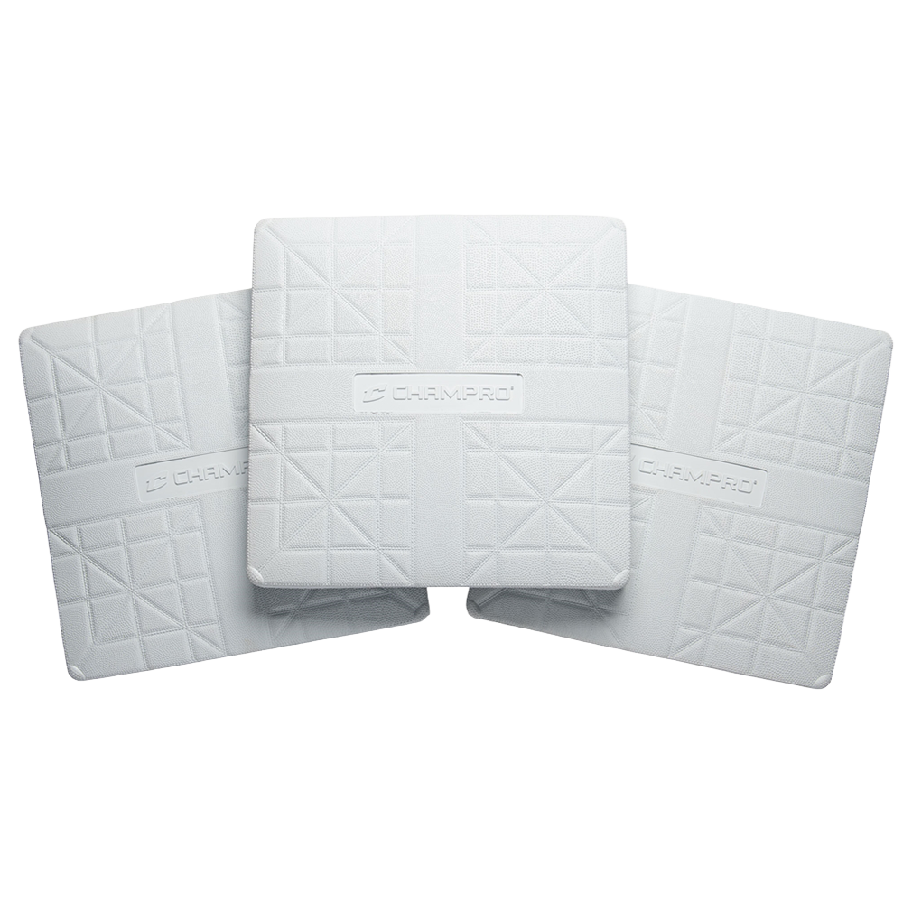 Three Champro white molded pro style bases spread in an arch