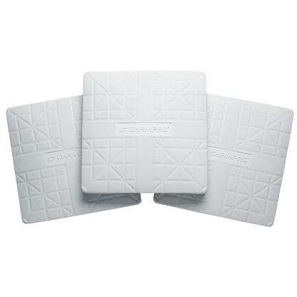 Three Champro white molded pro style bases spread in an arch