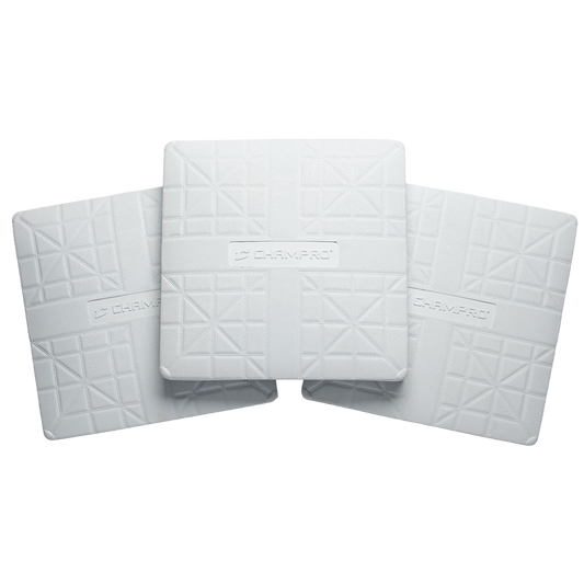 Three Champro white molded pro style bases spread in an arch