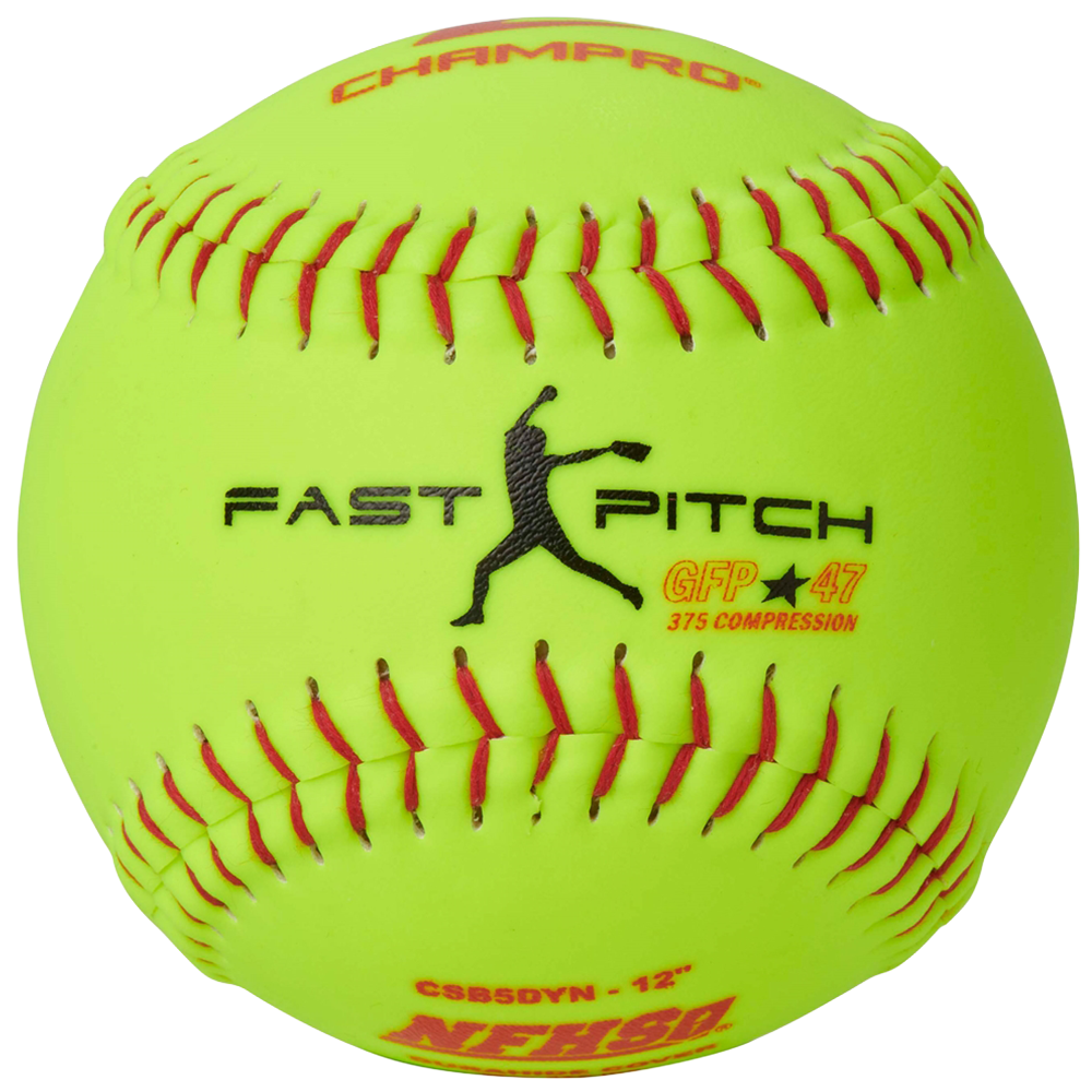 Yellow softball with red stitching on a white background, featuring Champro branding.