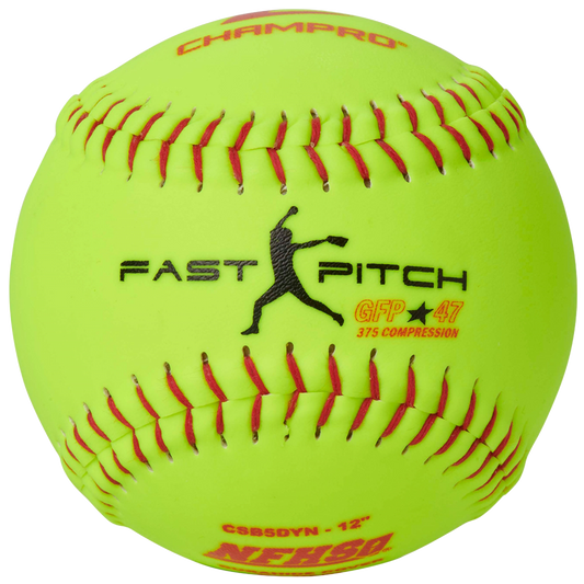 Yellow softball with red stitching on a white background, featuring Champro branding.