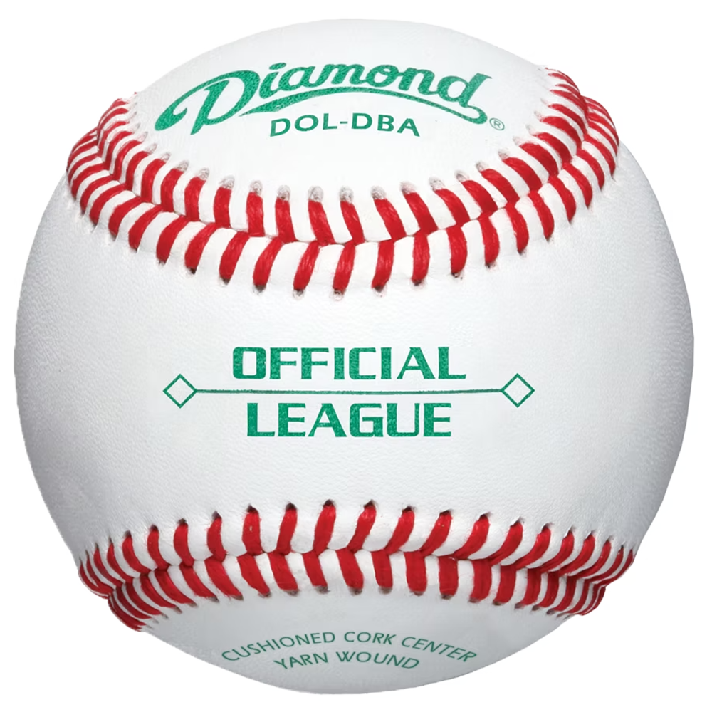 Diamond DOL-DBA baseball with Offical League in green text in the middle of baseball. 