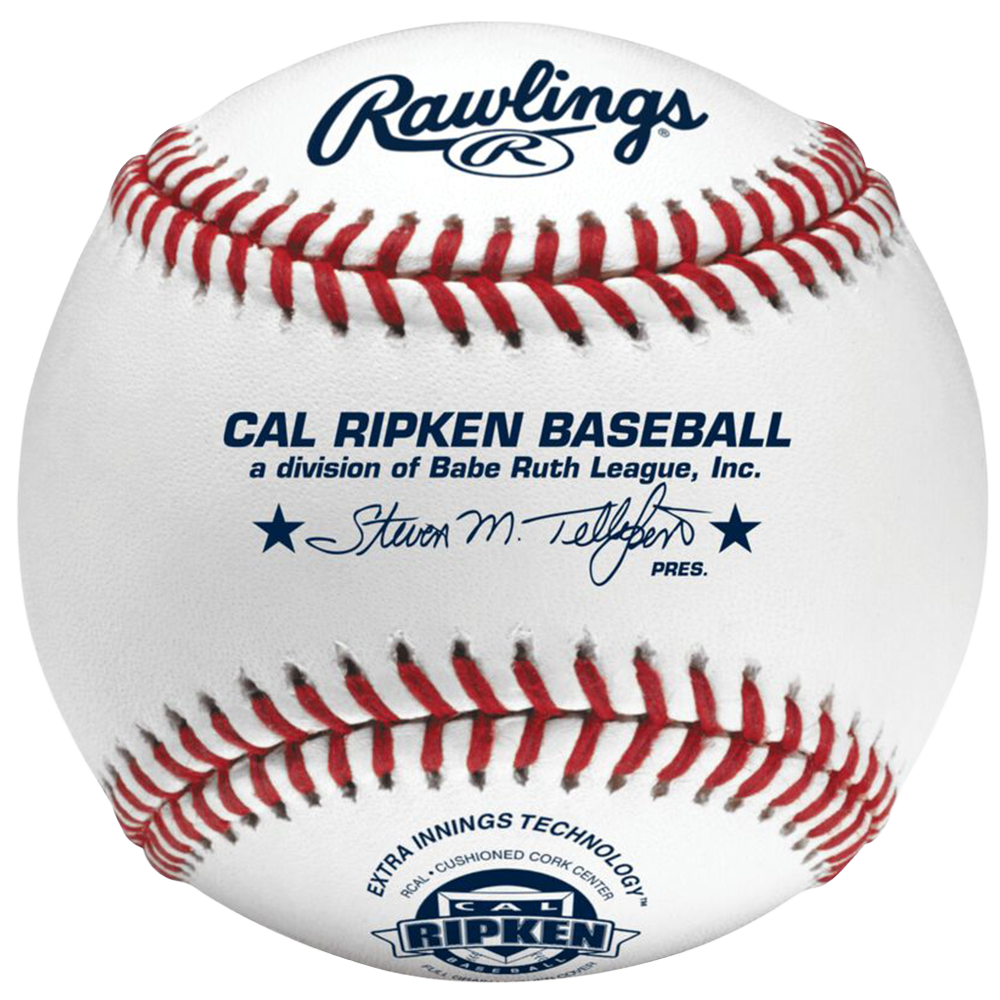 Baseball with Rawlings branding and Cal Ripken League text on white leather