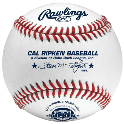 Baseball with Rawlings branding and Cal Ripken League text on white leather