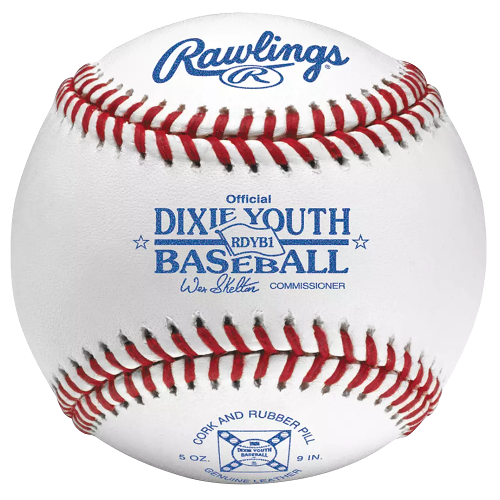 Baseball with Rawlings and Dixie Youth Baseball branding and red seams.