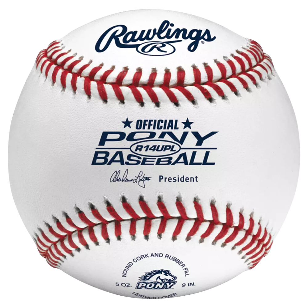 Rawlings baseball with 'Official Pony R14UPL" branding