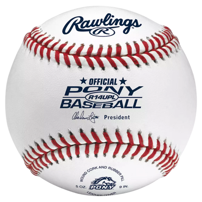 Rawlings baseball with 'Official Pony R14UPL" branding