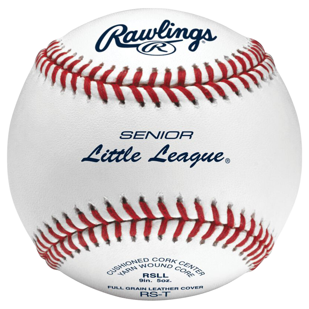 Baseball with Rawlings and Senior Little League branding with red stitches