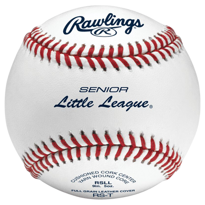 Baseball with Rawlings and Senior Little League branding with red stitches
