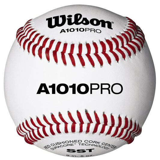 White Wilson A1010PRO baseball with Red Cushioned Cork Center DuroCore Technology at the bottom. 