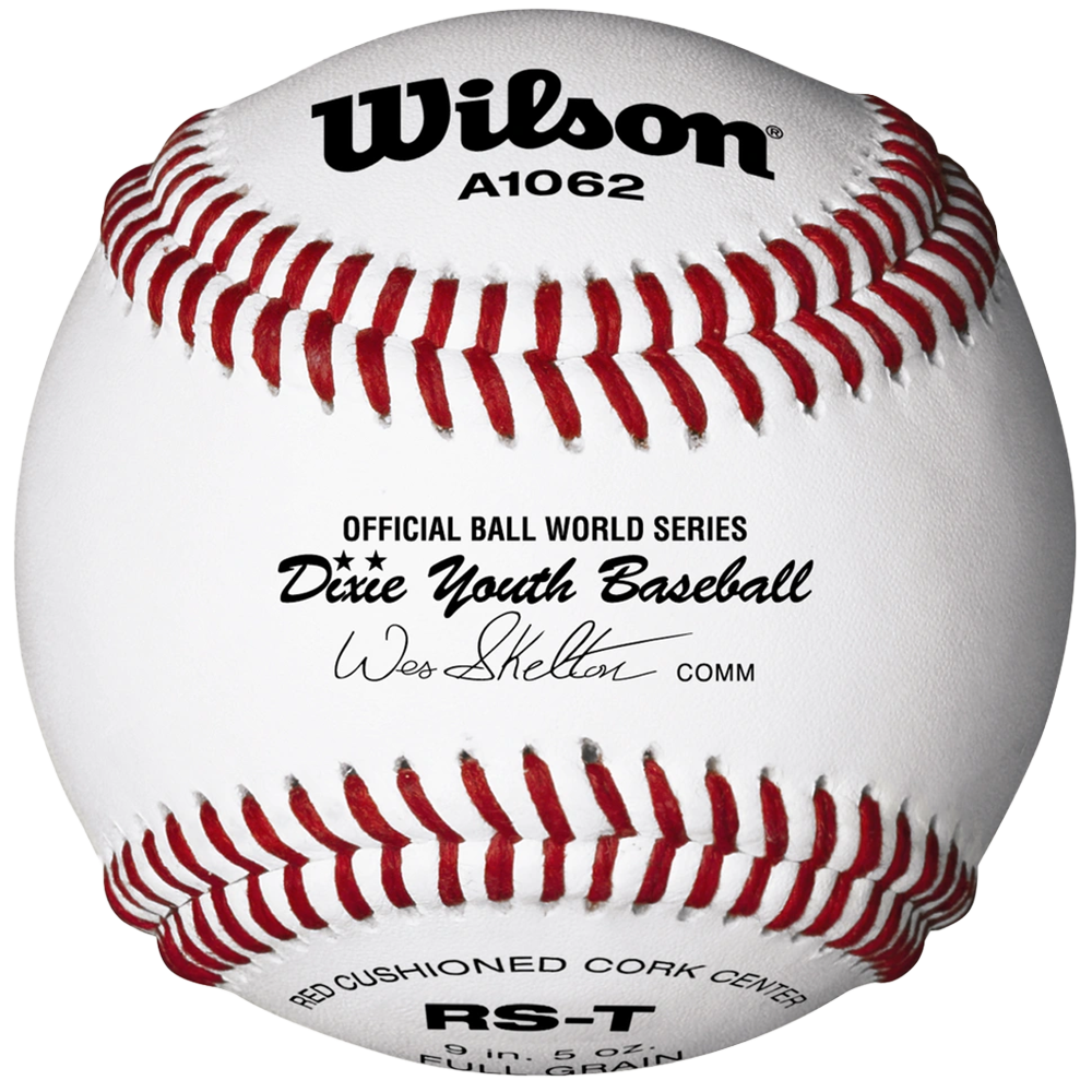 Dixie Youth tournament baseball with Wilson branding and red stitches. 